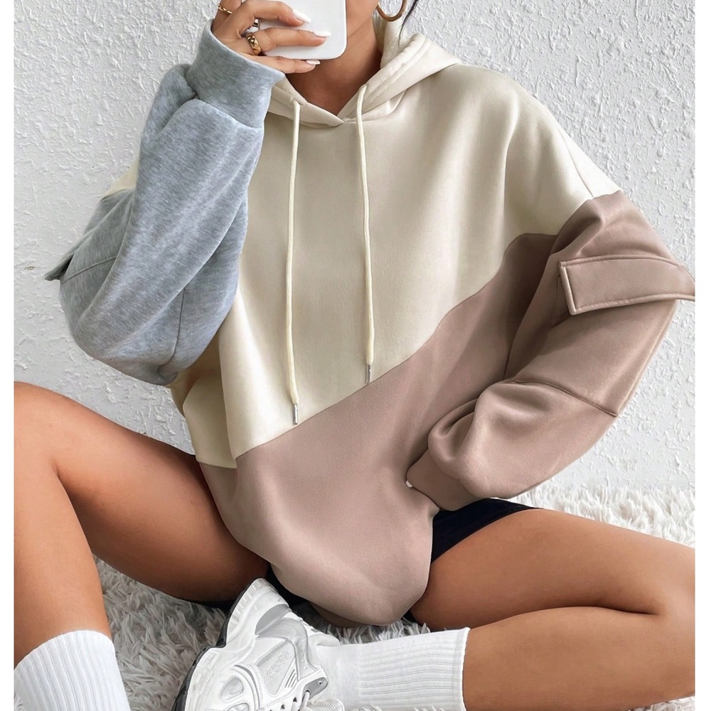 Cozy Color Block pockets Loose Fit Hoodie Sweatshirt Top - Picture 4 of 8